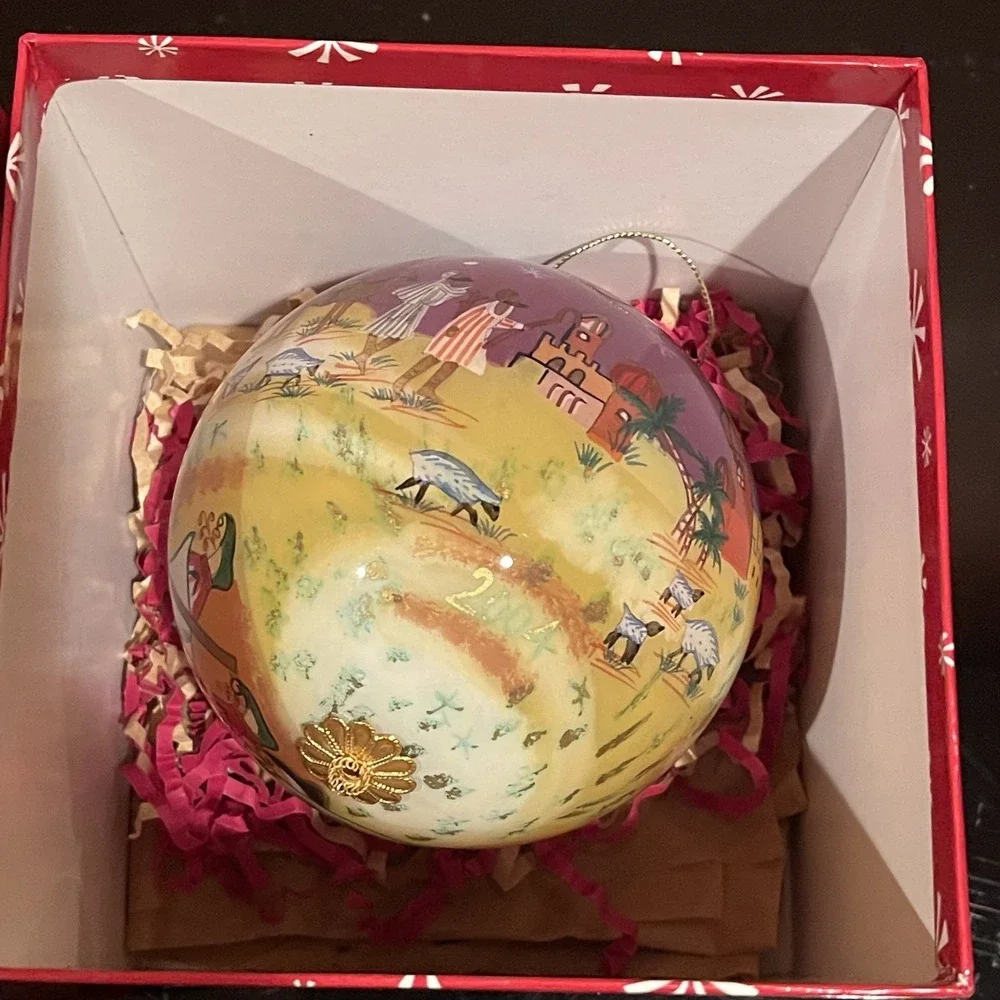 Vintage 2004 Pier 1 Li Bien Hand Painted Glass Christmas Ornament Bethlehem Deco